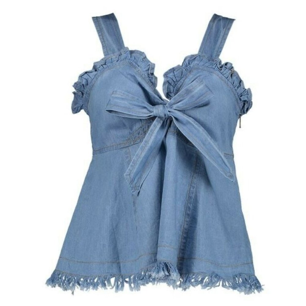 Women's Light Blue Wash Ruffle & Bow-Accent Sleeveless Top Cute Medium